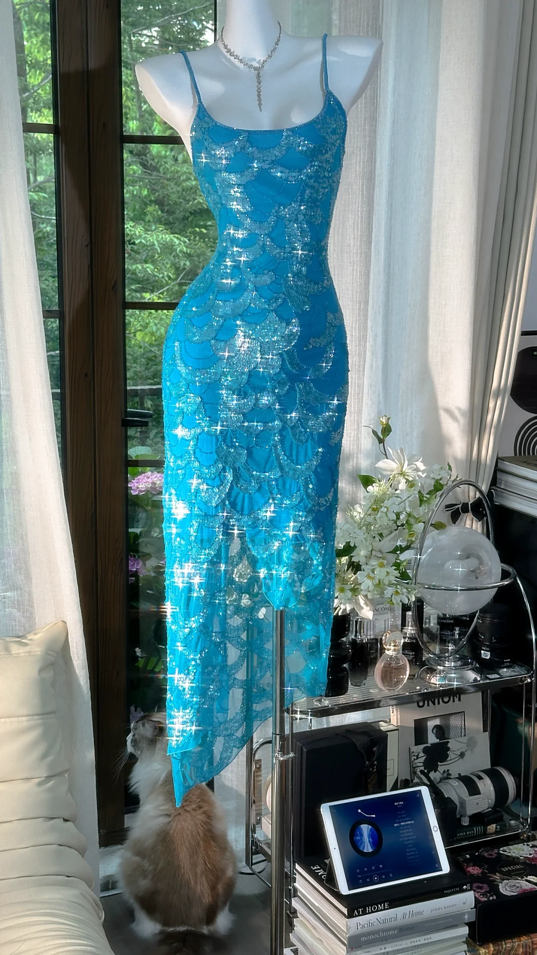 Vintage Blue Mermaid Sparkling Long Chiffon Spaghetti Strap Romantic Ball Gown Evening Dress Prom Dresses DP6006