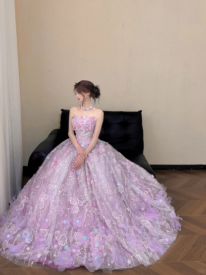 Sparkly Lavender Strapless 3D Floral Sequins Quinceanera Ball Gown DP8313