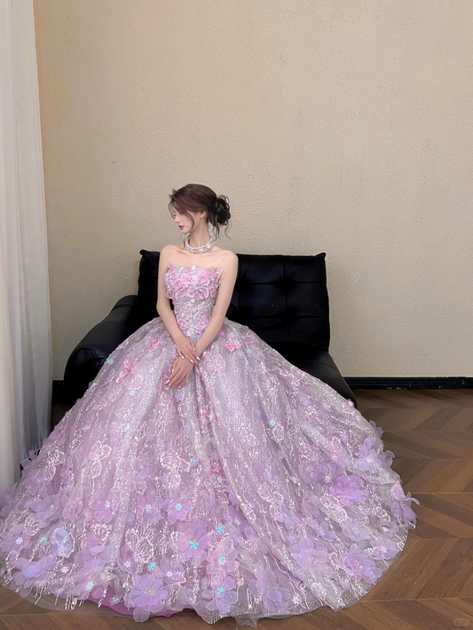 Sparkly Lavender Strapless 3D Floral Sequins Quinceanera Ball Gown DP8313