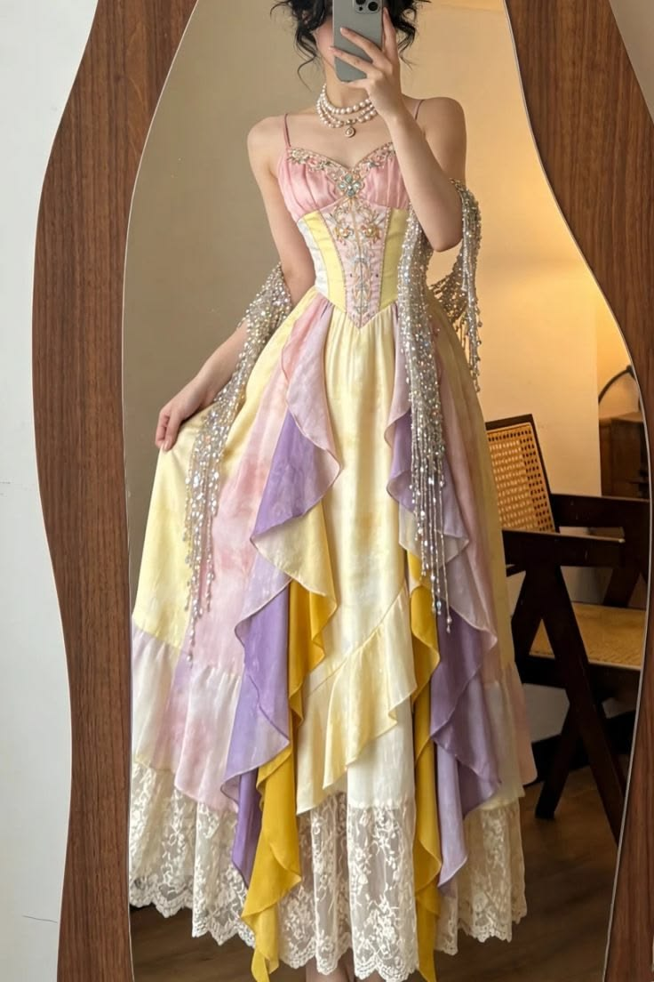 Elegant Colorful Layered Lace Beaded Spaghetti Straps Sweetheart A-Line Ruffle Prom Dress DP8552