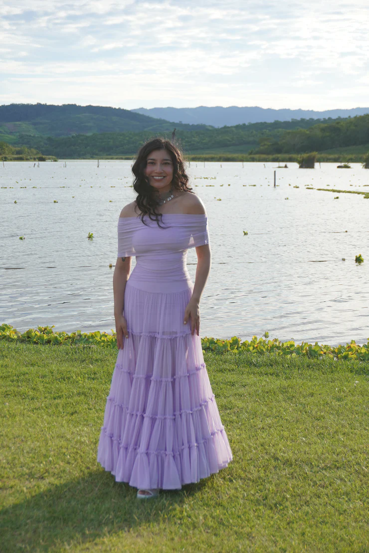Elegant Lavender Off-the-Shoulder Tiered Tulle A-Line Prom Dress DP8457