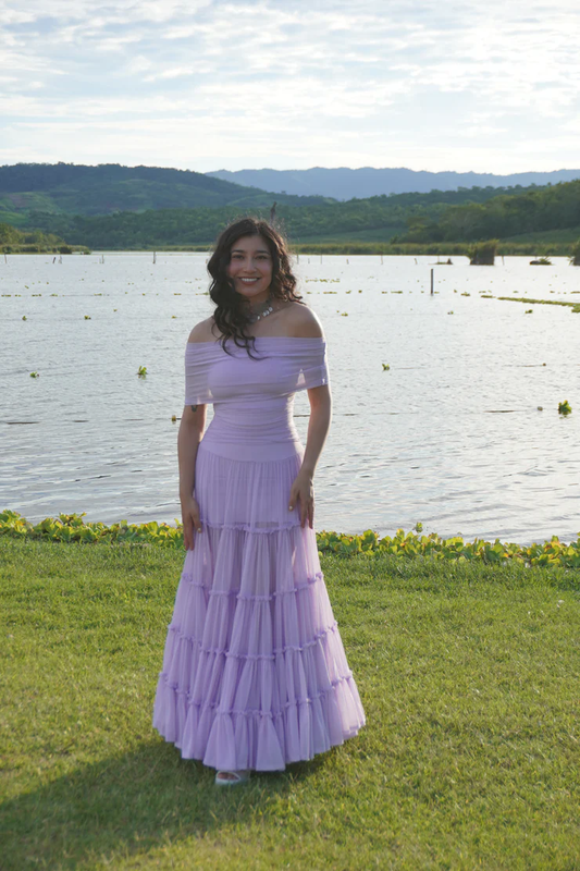 Elegant Lavender Off-the-Shoulder Tiered Tulle A-Line Prom Dress DP8457