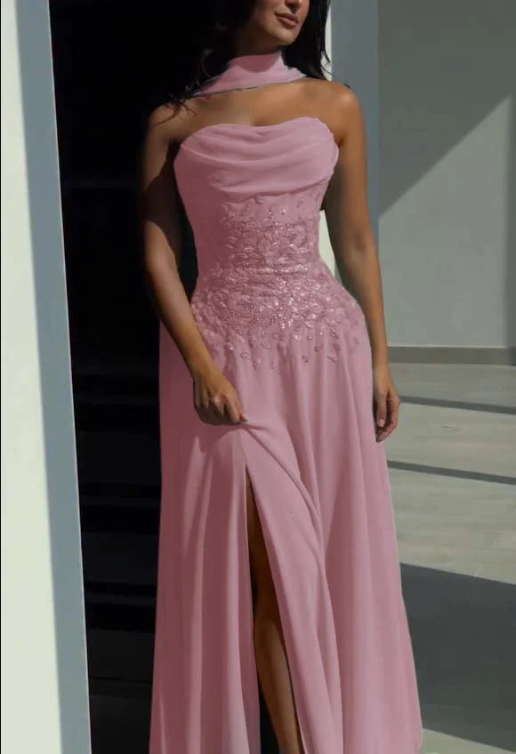 Robe de bal glamour en mousseline bustier brodée de paillettes avec fente haute Robe de soirée DP8216