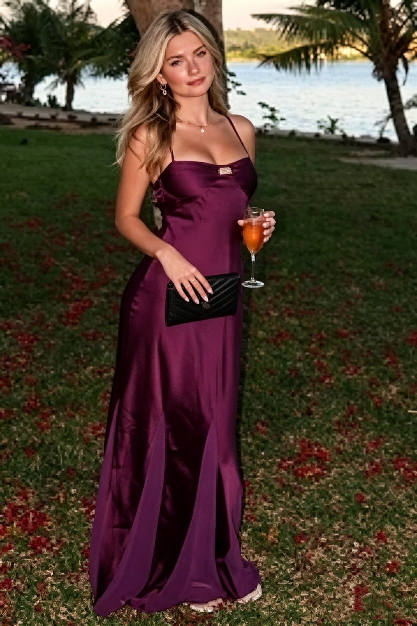 Vintage Lila Satin Spaghettiträger Etui Abendkleid DP8362