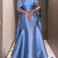 Elegant Blue Off-the-Shoulder Beaded Satin Mermaid Prom Gown Evening Dress DP8061