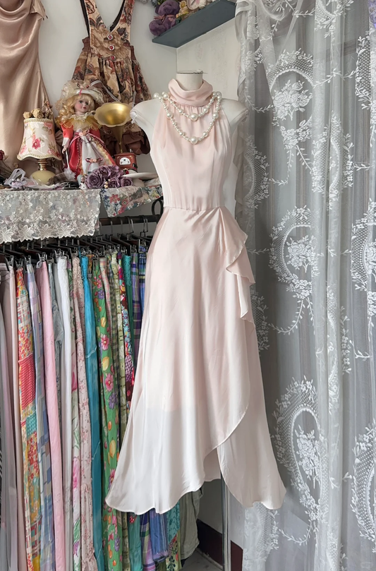 Vintage Pink Irregular Ruffle Hem Elegant A-Line Chiffon Long Evening Dress Prom Dresses DP6212