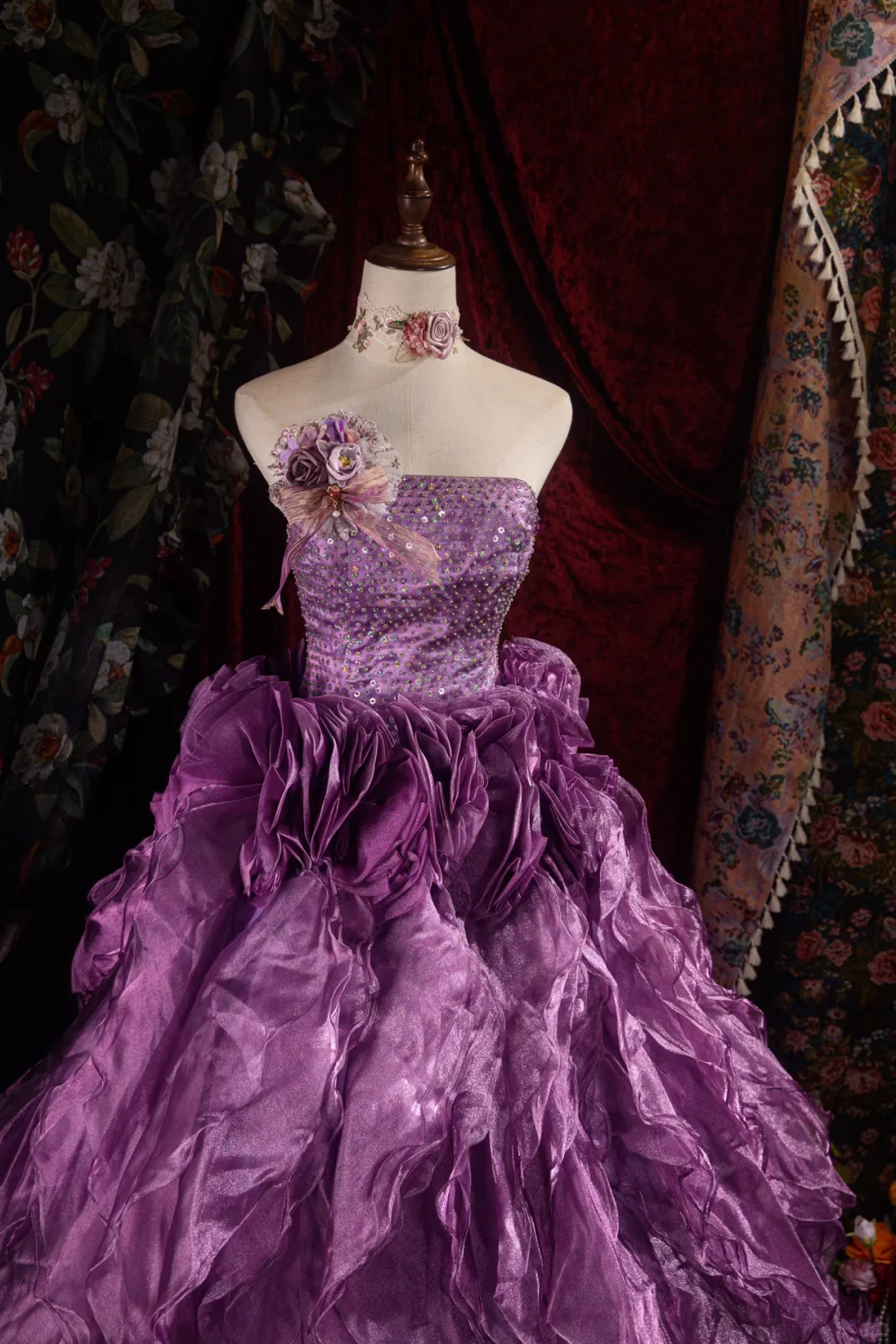 Elegant Purple 3D Floral Strapless Ruffled Sequined Bodice Sweet 16 Quinceanera Ball Gown  DP7413