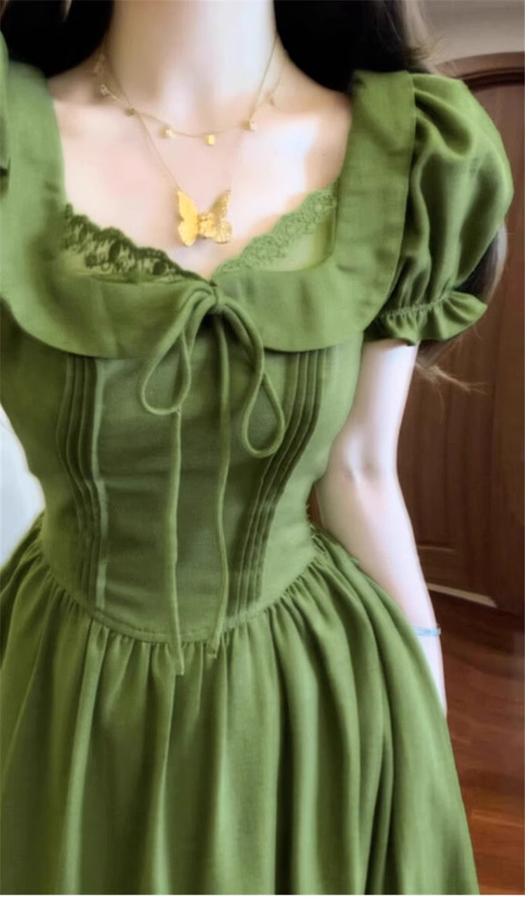 Vintage Olive Green Prom Dress A-Line Short-sleeve Evening Dress Long Formal Dress DP6710