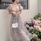 New Elegant Floral Design Puff Sleeves Princess Style Spaghetti Strap Dress, DP5950