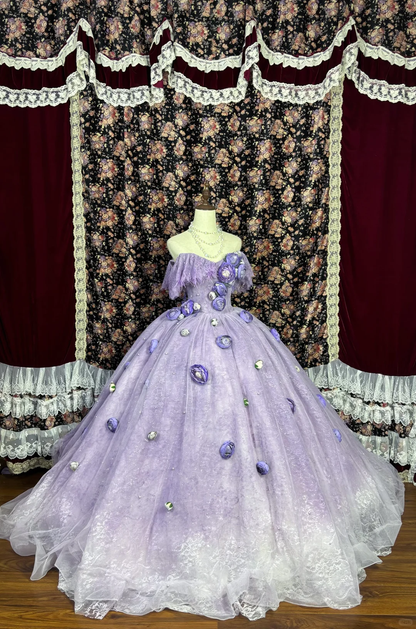 Robe de bal de quinceañera vintage lavande à épaules dénudées et imprimé floral 3D, coupe trapèze, DP7061
