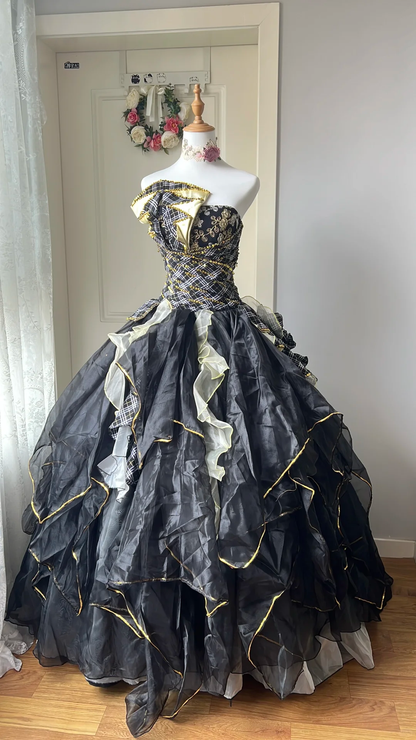 Glamorous Strapless A-Line Plaid Pattern Embroidered Bodice Sweet 16 Quinceanera Ball Gown DP7299