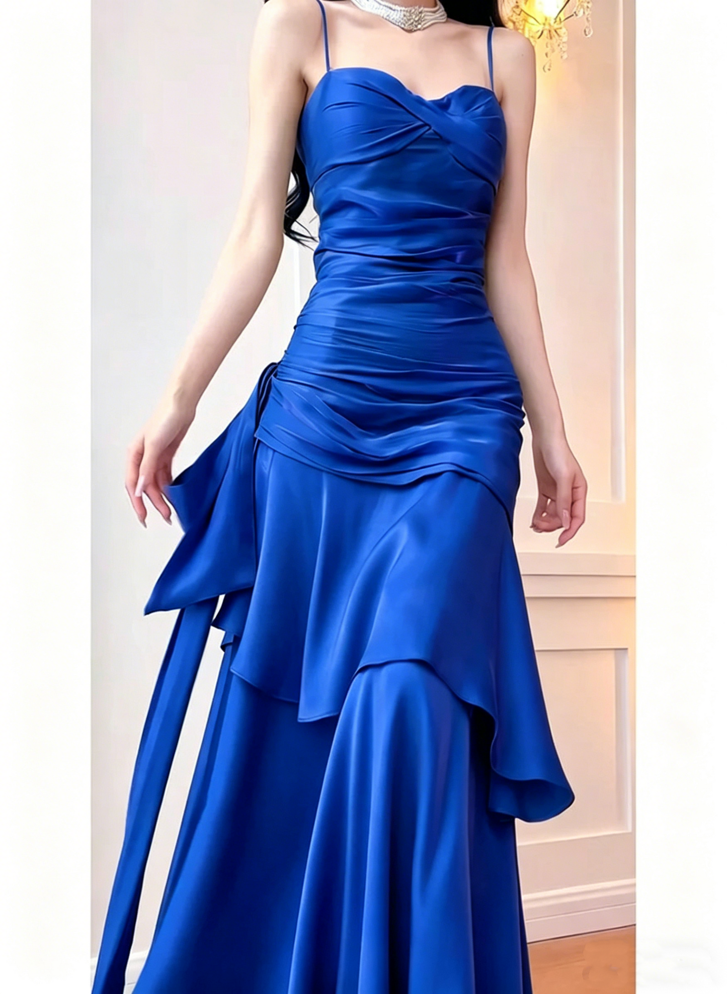 Gorgeous Spaghetti Strap Ruched Satin Mermaid Evening Gown Ruffle Formal Prom Dress DP2931