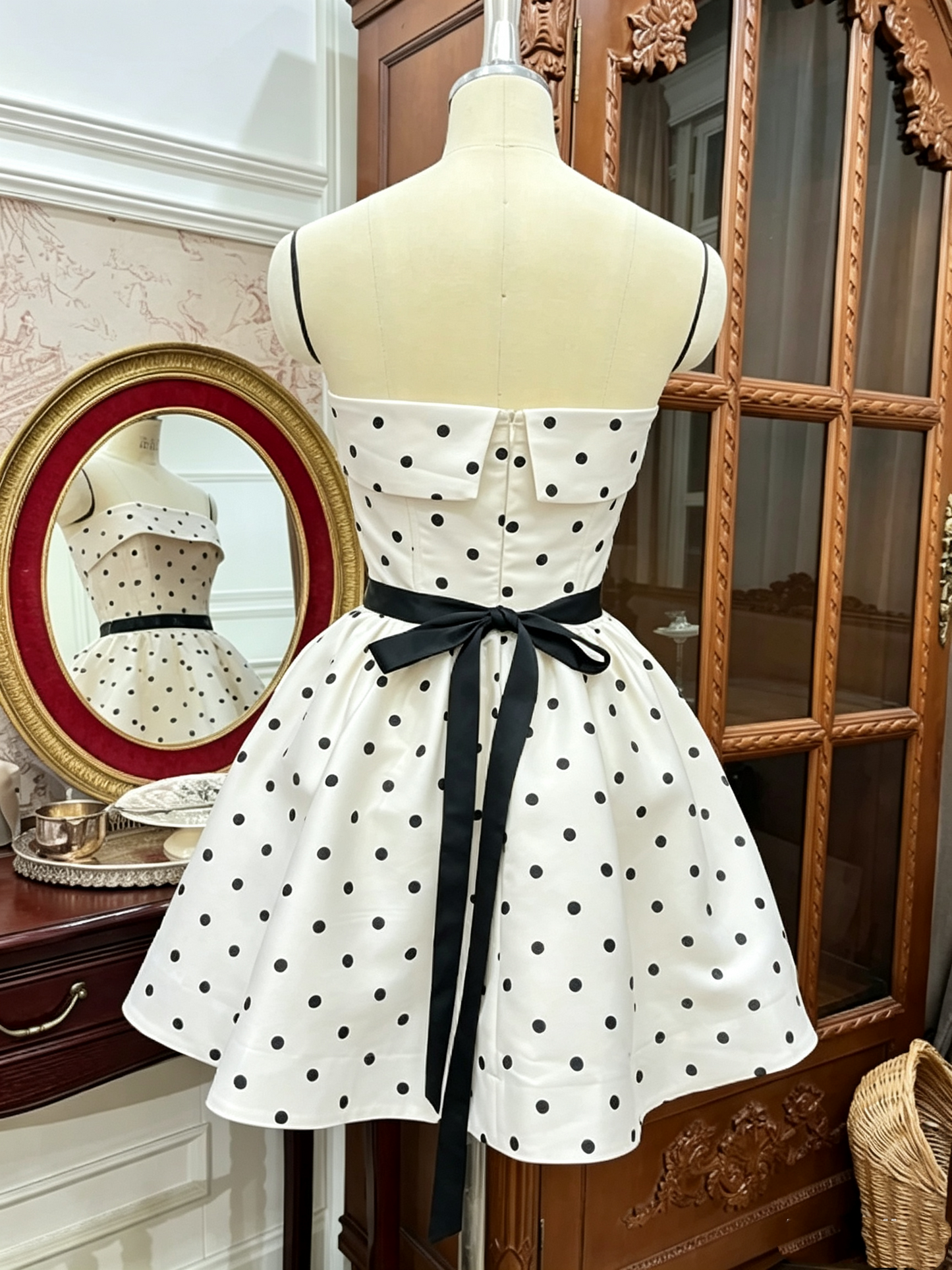 Elegant White Black Polka Dot Strapless A‑Line Satin Bow Sash A-Line Homecoming Dress DP8847