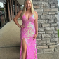 Hot Pink V Neck Backless Sequin Long Prom Dress with Slit, DP2063