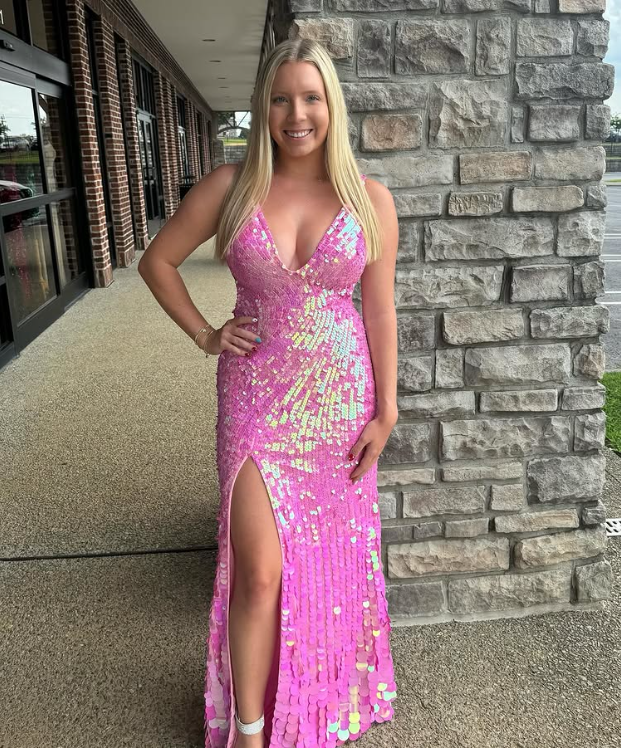 Hot Pink V Neck Backless Sequin Long Prom Dress with Slit, DP2063