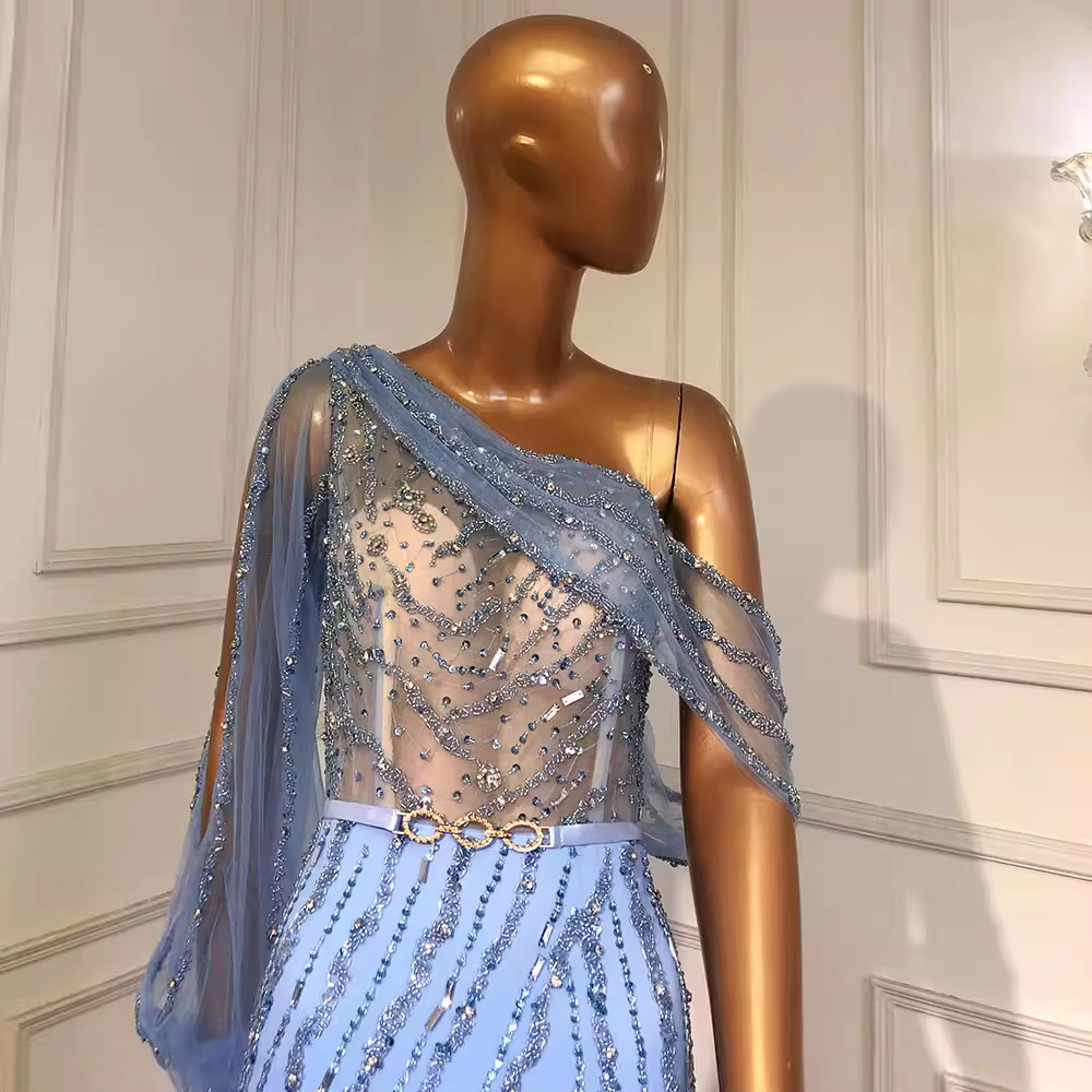 Vintage Beaded One-Shoulder Mermaid Sheer Sleeve Evening Dress DP8080