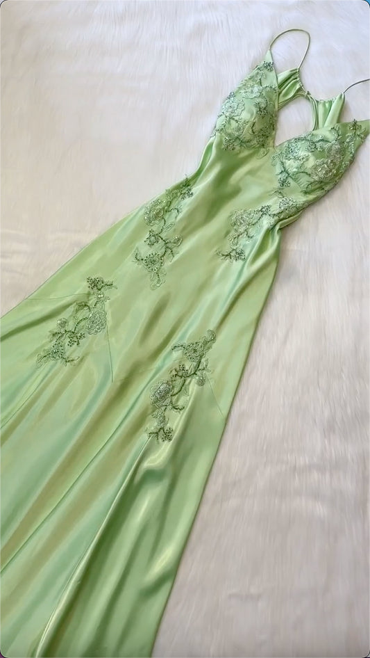 Robe de bal vintage verte à col en V et broderies, robe fourreau à volants, robe de soirée en satin, robe de fée DP6653