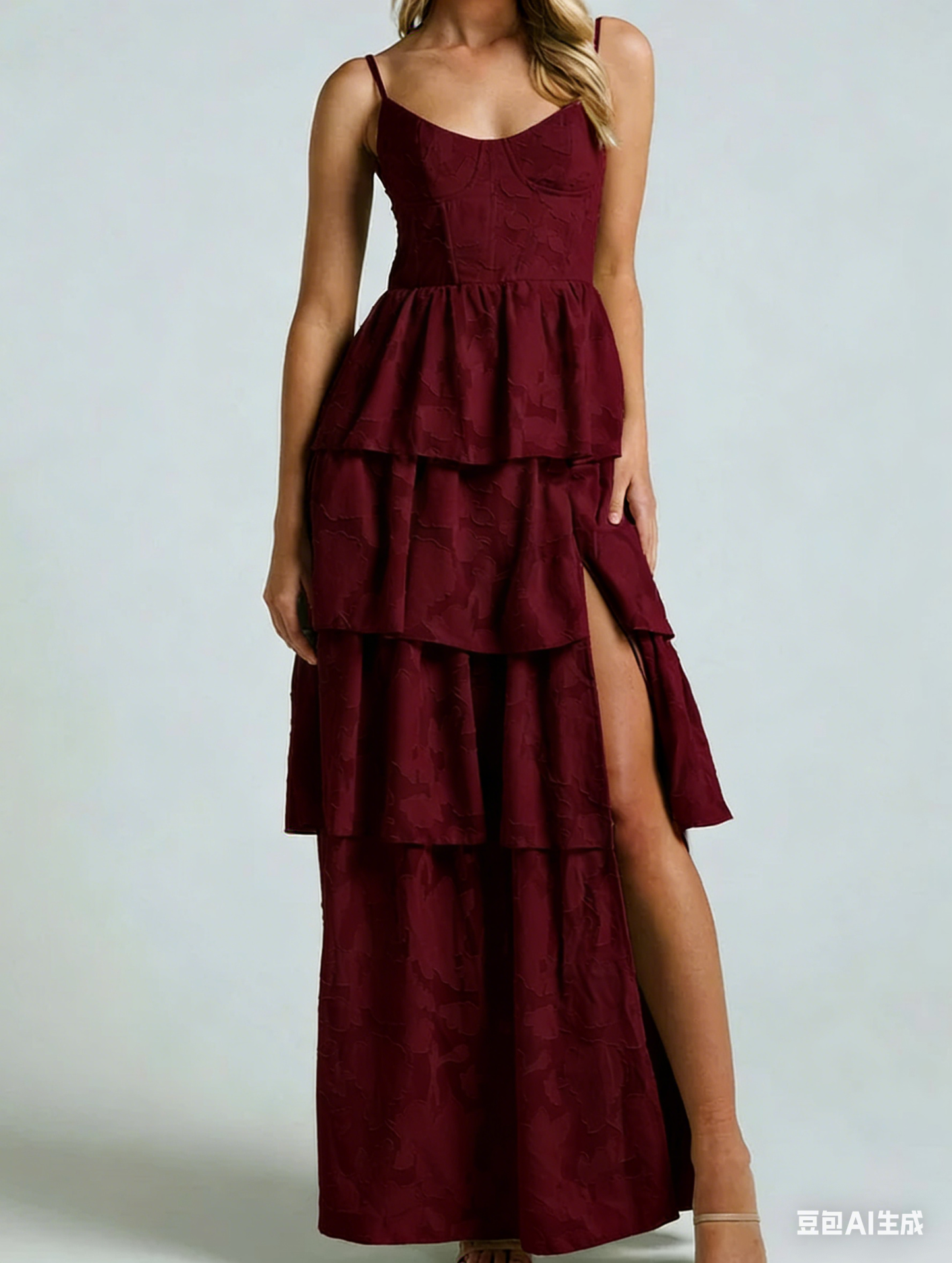 Glamorous Sage Green Jacquard Tiered Maxi Dress Slit Spaghetti Strap Formal Evening Gown DP2586