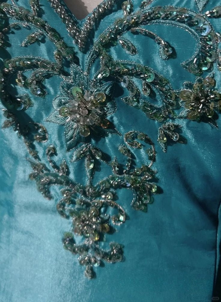 Vintage Turquoise Spaghetti Strap Beaded Embroidery Sweetheart Layered Taffeta Evening Gown DP7135