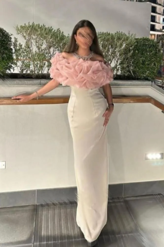 White and Pink Off Shoulder Mermaid Long Evening Party Dress, DP3155
