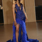 Glamorous Royal Blue Feather Mermaid Prom Dress Beaded Bodice and High Slit Evening Gown DP8021