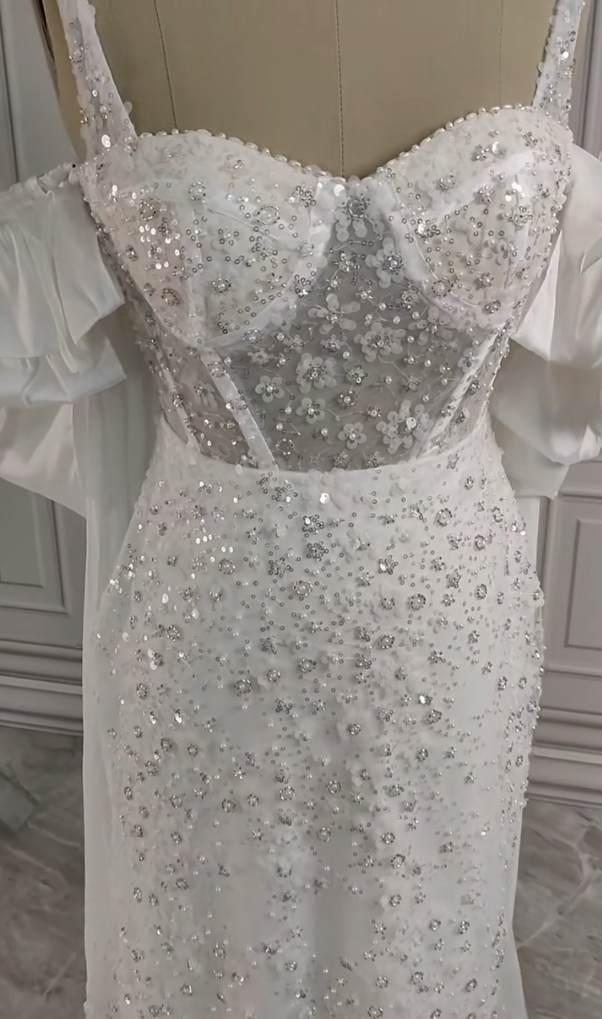 Wunderschönes weißes glitzerndes Pailletten-Perlen-Herzstück-A-Linie-langes Ballkleid Partykleid Abendkleid DP6496