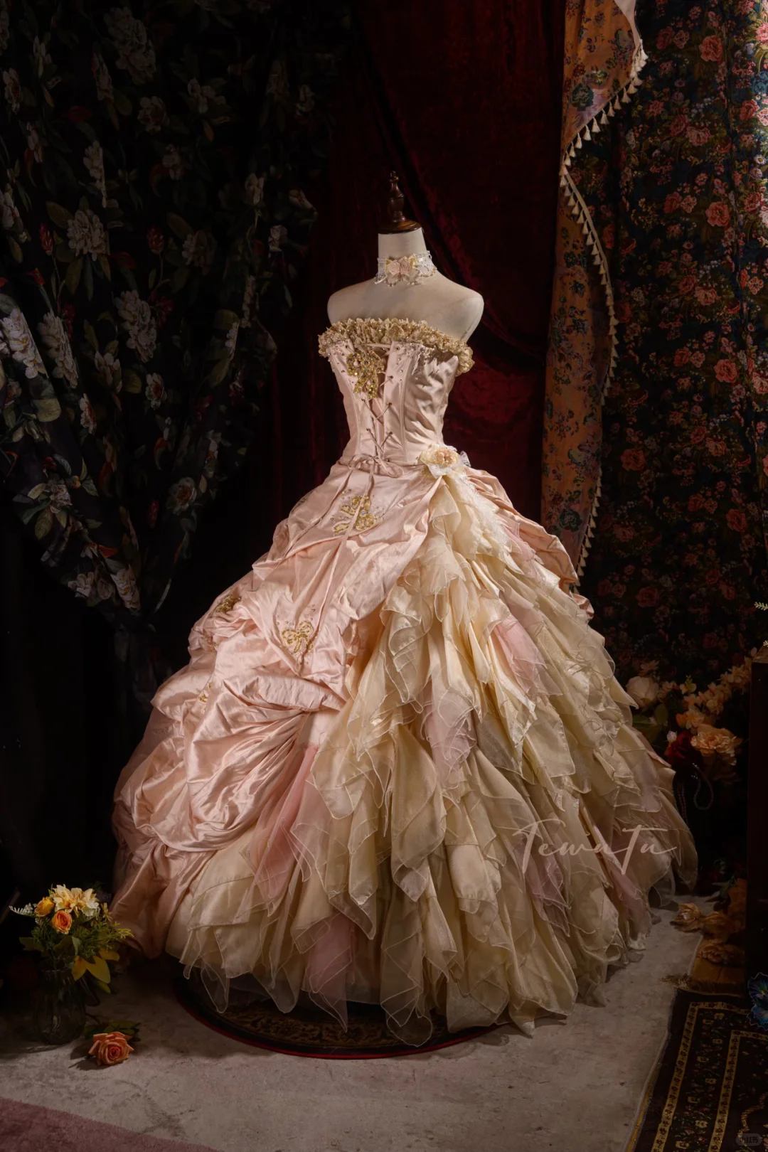 Elegant Pink Strapless Ruffled Tiered Gold Beaded Embroidery Sweet 16 Quinceanera Ball Gown DP7411