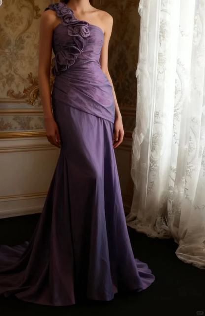 Glamorous Lavender One-Shoulder Mermaid Gown with 3D Flower Prom Dress DP7659