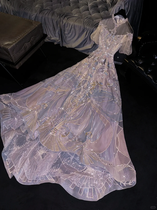 Glamorous Lavender Tulle Sequin Embroidery Sheer Sleeve Evening Gown DP7334