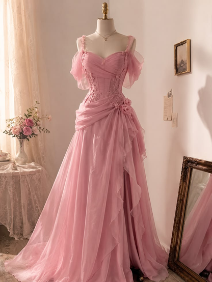 Elegant Pink Off-the-Shoulder Corset Tulle Floral Appliques High Slit Formal Evening Gown DP8466