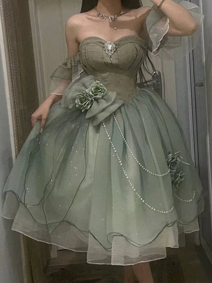 Beautiful Green Sweetheart Beaded 3D Flowers A-Line Tulle Party Dress Homecoming Dress DP6367