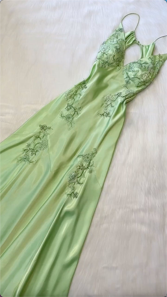Robe de bal vintage verte à col en V et broderies, robe fourreau à volants, robe de soirée en satin, robe de fée DP6653