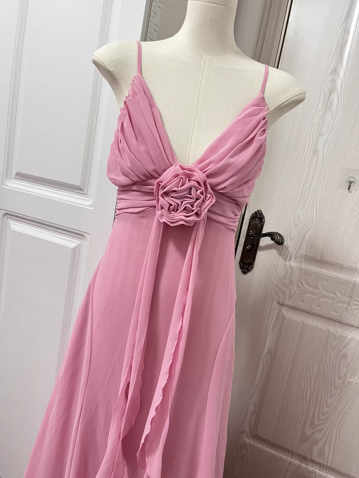 Ethereal Pink Spaghetti Strap Ruffled 3D Floral Prom Dress DP7953