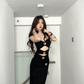 Elegant Black Halter-neck Rose Metal Button Prom Dress Sheath Evening Gown Party Dress Trailing Long Formal Dress DP6807