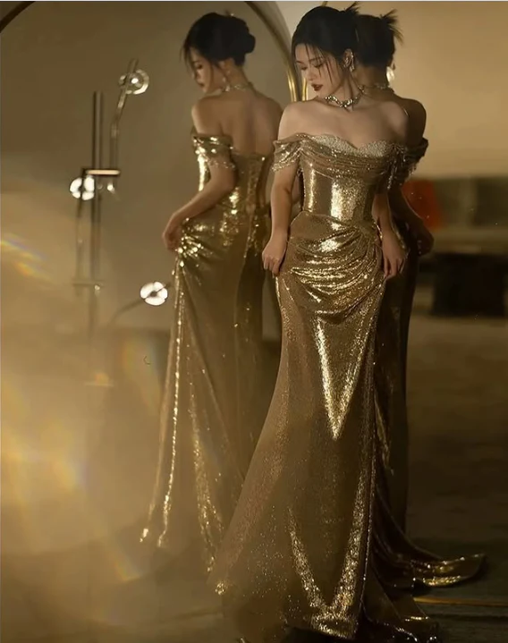 Champagne Gold Off Shoulder Mermaid Sequins Long Evening Party Dresses, DP5512