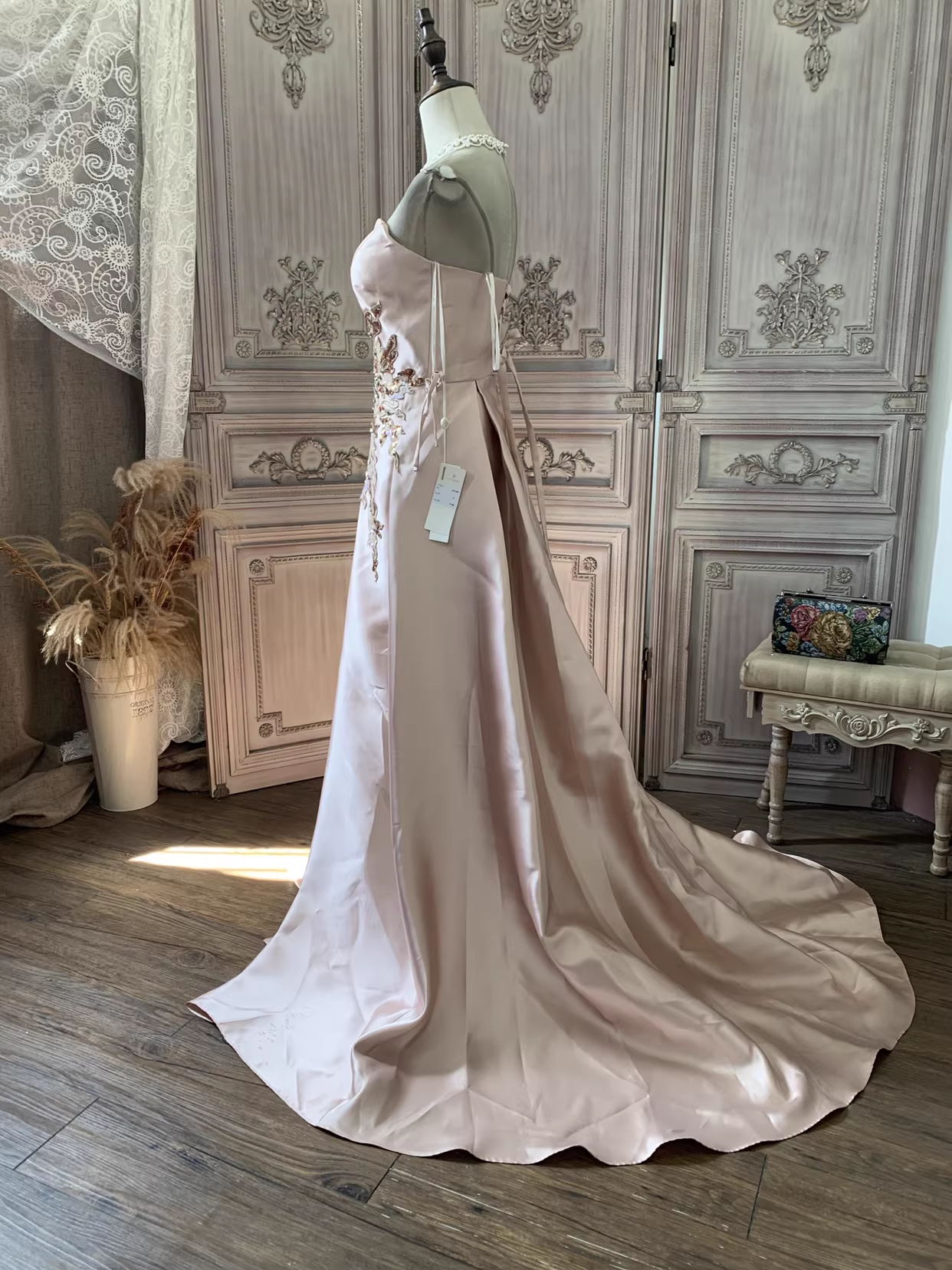 Glamorous Pink Strapless Beaded Embroidery & Sweeping Train Prom Dress DP7664