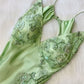 Robe de bal vintage verte à col en V et broderies, robe fourreau à volants, robe de soirée en satin, robe de fée DP6653