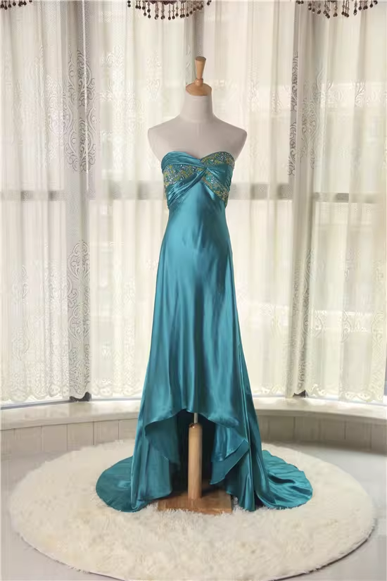 Robe de soirée bustier élégante bleu sarcelle, ornée de perles, en satin luxueux, asymétrique, DP7621