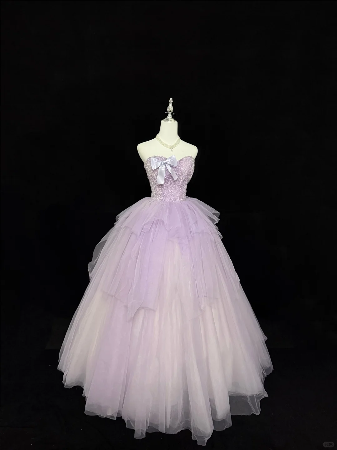 Lavender Strapless Beaded Tulle Quinceanera Dress Bow Ruffled Ball Gown DP8254