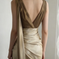 Glamorous Champagne Gold Satin Sleeveless V-Neck Embellished Waist & Ruched Prom Dress DP7640