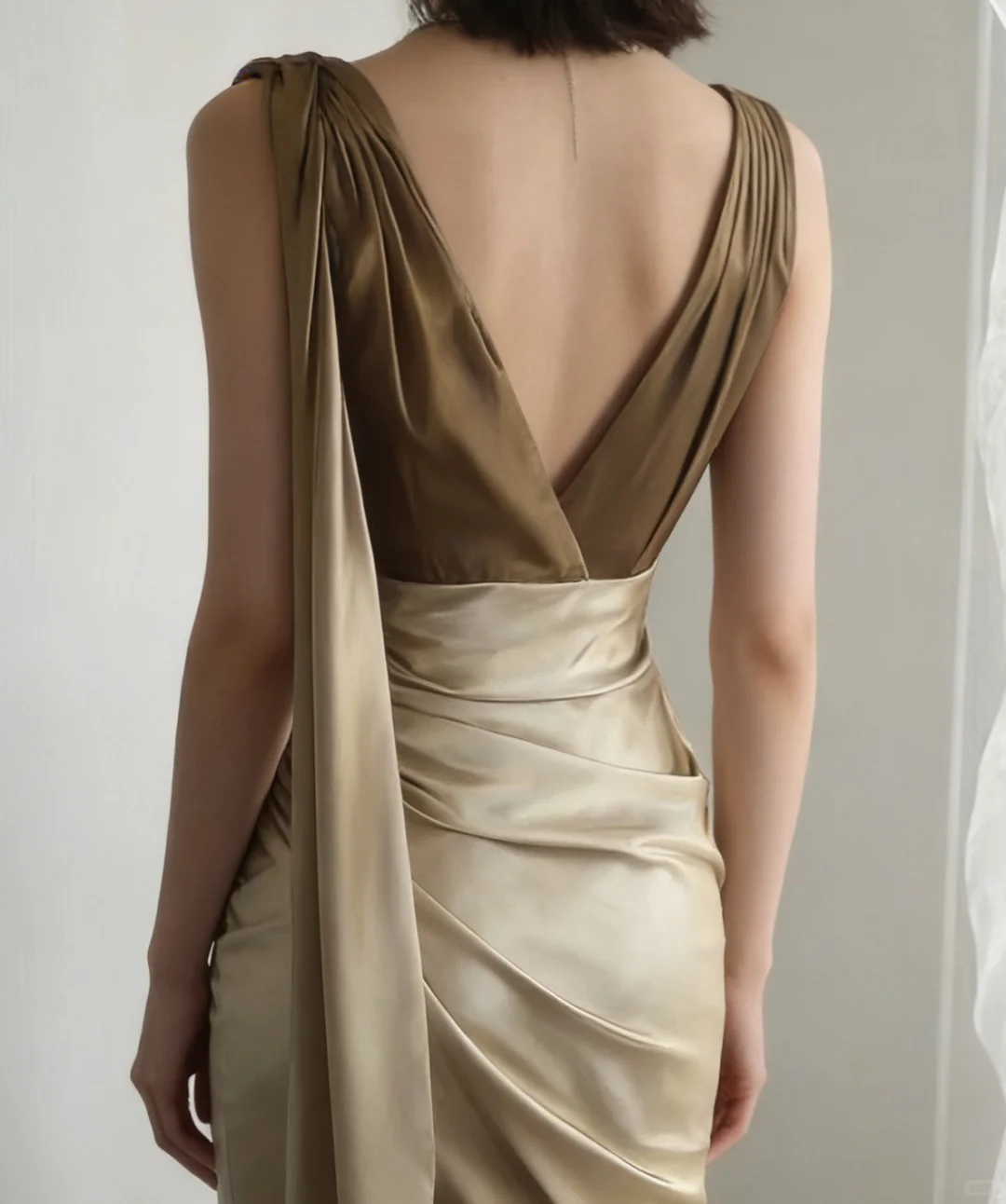 Glamorous Champagne Gold Satin Sleeveless V-Neck Embellished Waist & Ruched Prom Dress DP7640