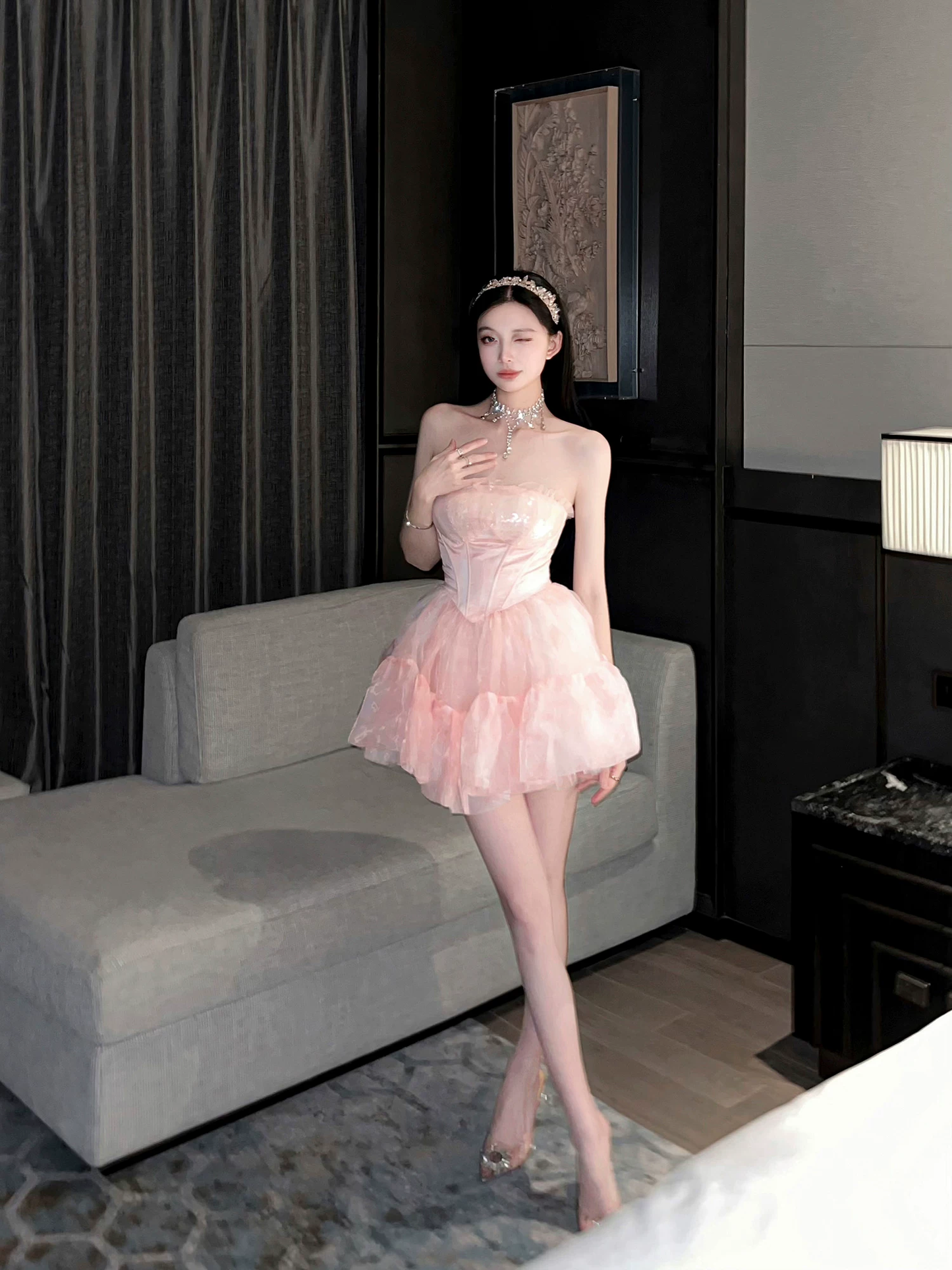 Elegant Pink Strapless Tulle Ruffle A-Line Homecoming Dress DP8818