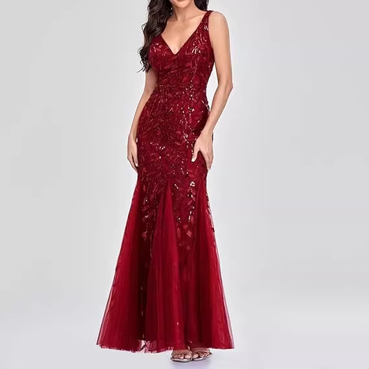 Vintage Burgundy Sequin V-Neck Mermaid Prom Gown Tulle Evening Dress DP8106