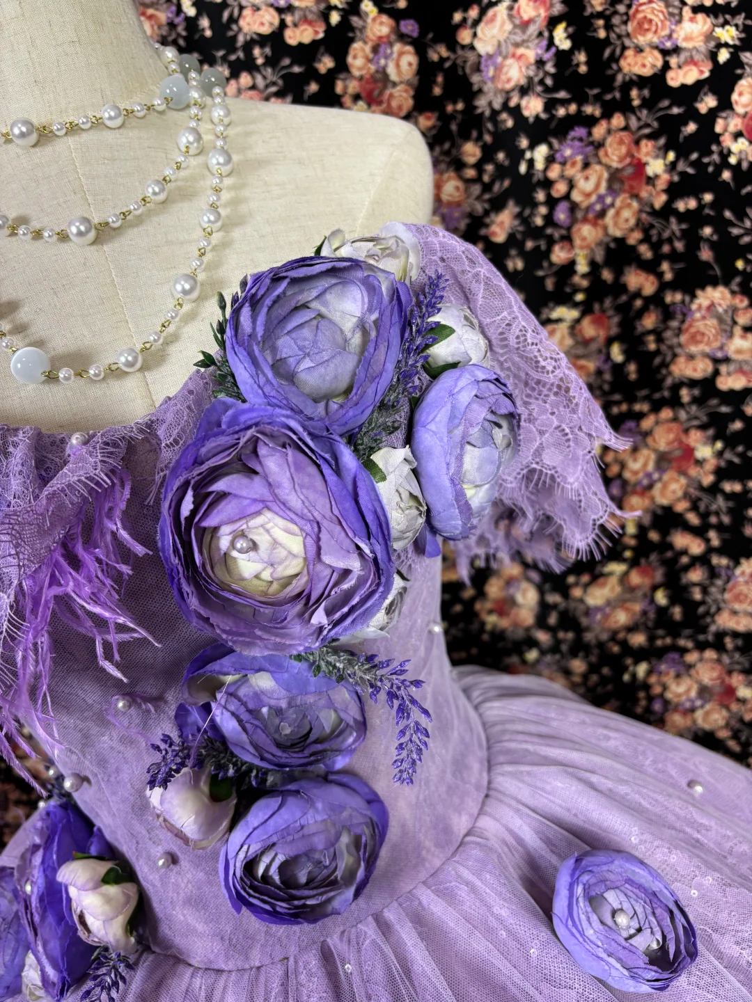 Robe de bal de quinceañera vintage lavande à épaules dénudées et imprimé floral 3D, coupe trapèze, DP7061