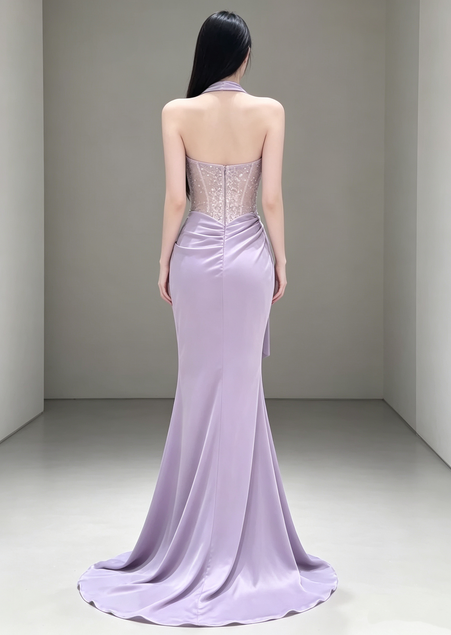 Elegant Lilac Strapless Cowl Neck Mermaid Beaded Bodice Draped Prom Dress DP8776