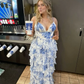 Blue Floral Printed Straps A-Line Layers Long Formal Party Dress, DP3770