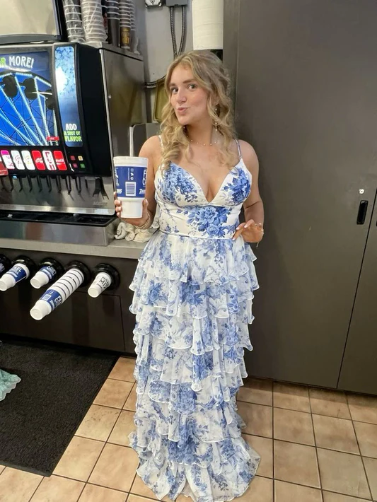 Blue Floral Printed Straps A-Line Layers Long Formal Party Dress, DP3770
