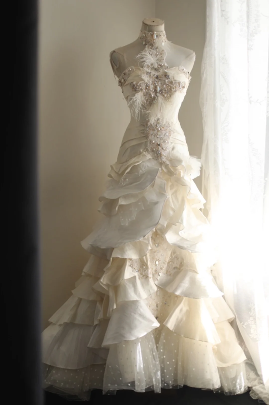 Elegant Ivory Tiered Ruffle Beaded Halter Neck A-Line Formal Wedding Dress DP7657