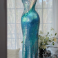 Glamorous Iridescent Green Sequin One Shoulder Mermaid Evening Dress DP8129