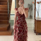Elegant Burgundy Floral Print V-Neck Spaghetti Strap Tiered Ruffle Tulle Evening Gown DP8585
